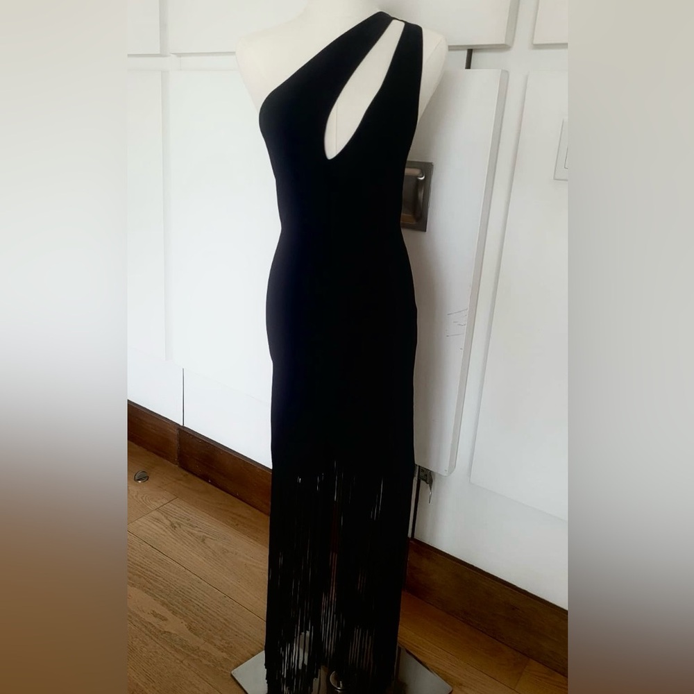Sandro Black One-Shoulder Fringe Evening Dress